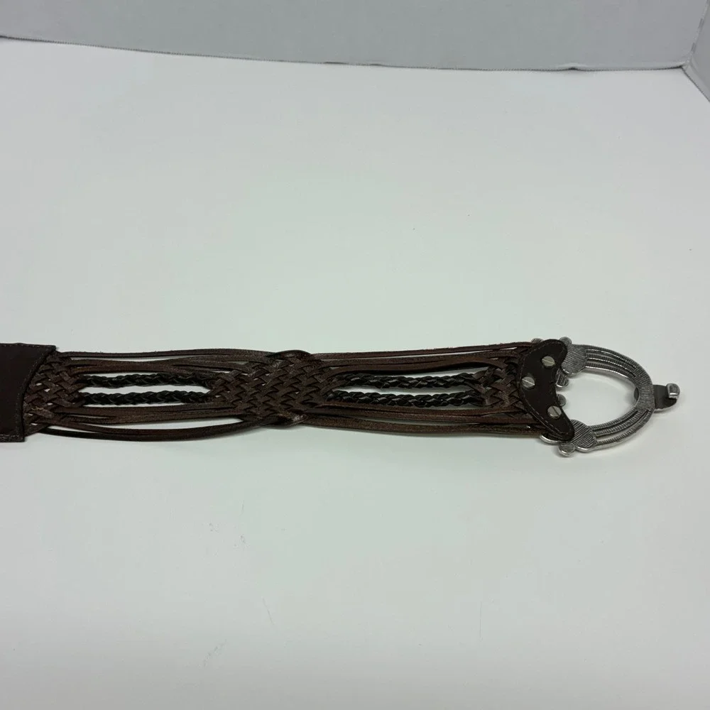 Vintage Chico's Braided‎ Brown Leather Belt Amber Black Cabochon Boho Statement
